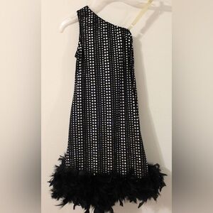 Girls black dance one-shoulder dress with feathers 10/12
